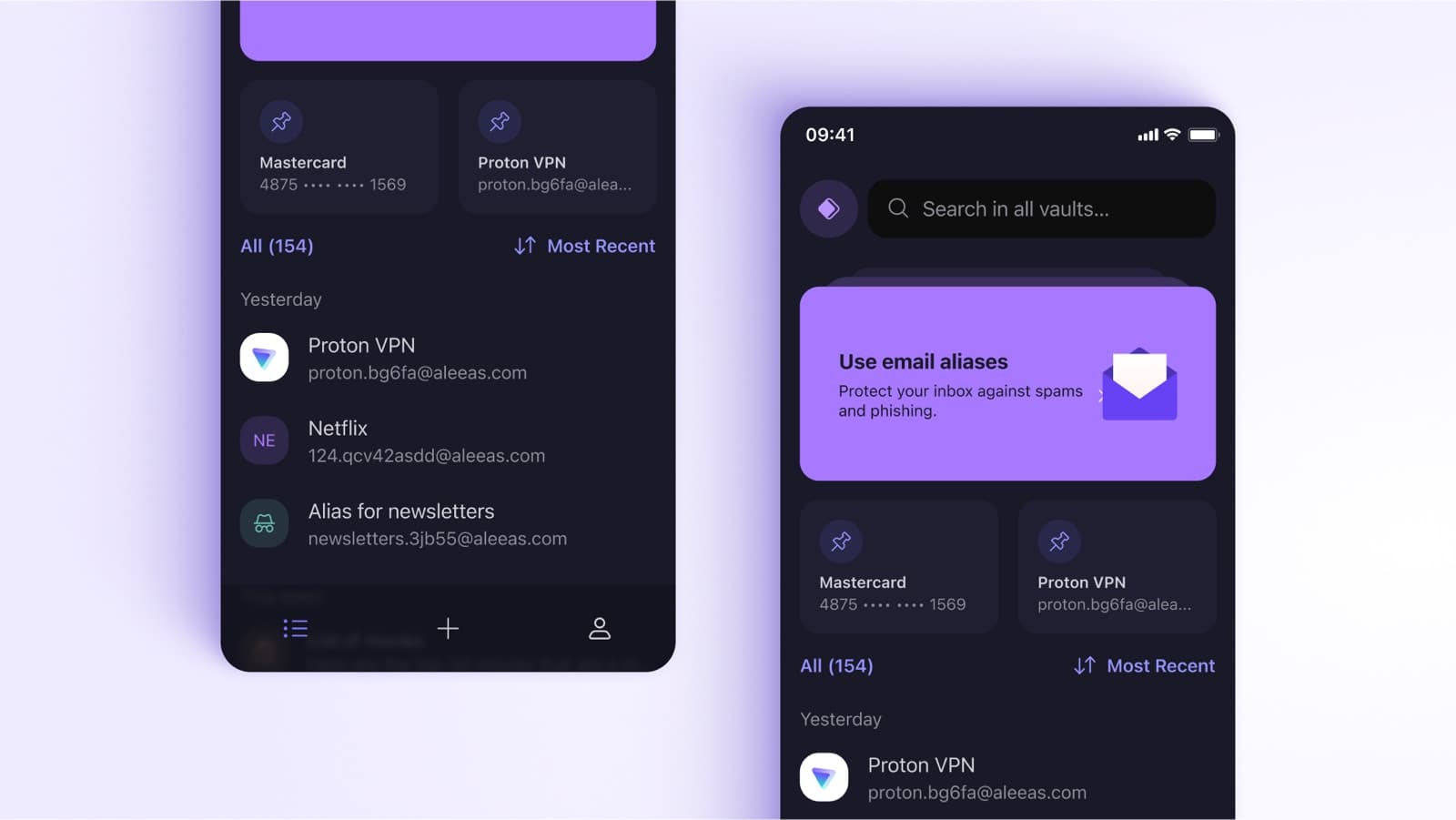 Proton Pass mobile app with saved logins, cards and a hide-my-email alias prompt