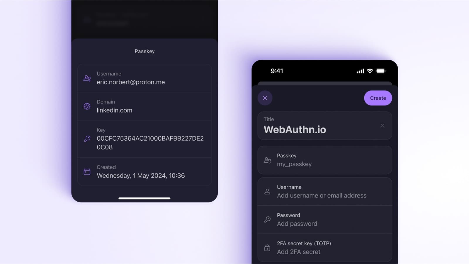 Proton Pass storing a passkey and a new login with a 2FA secret