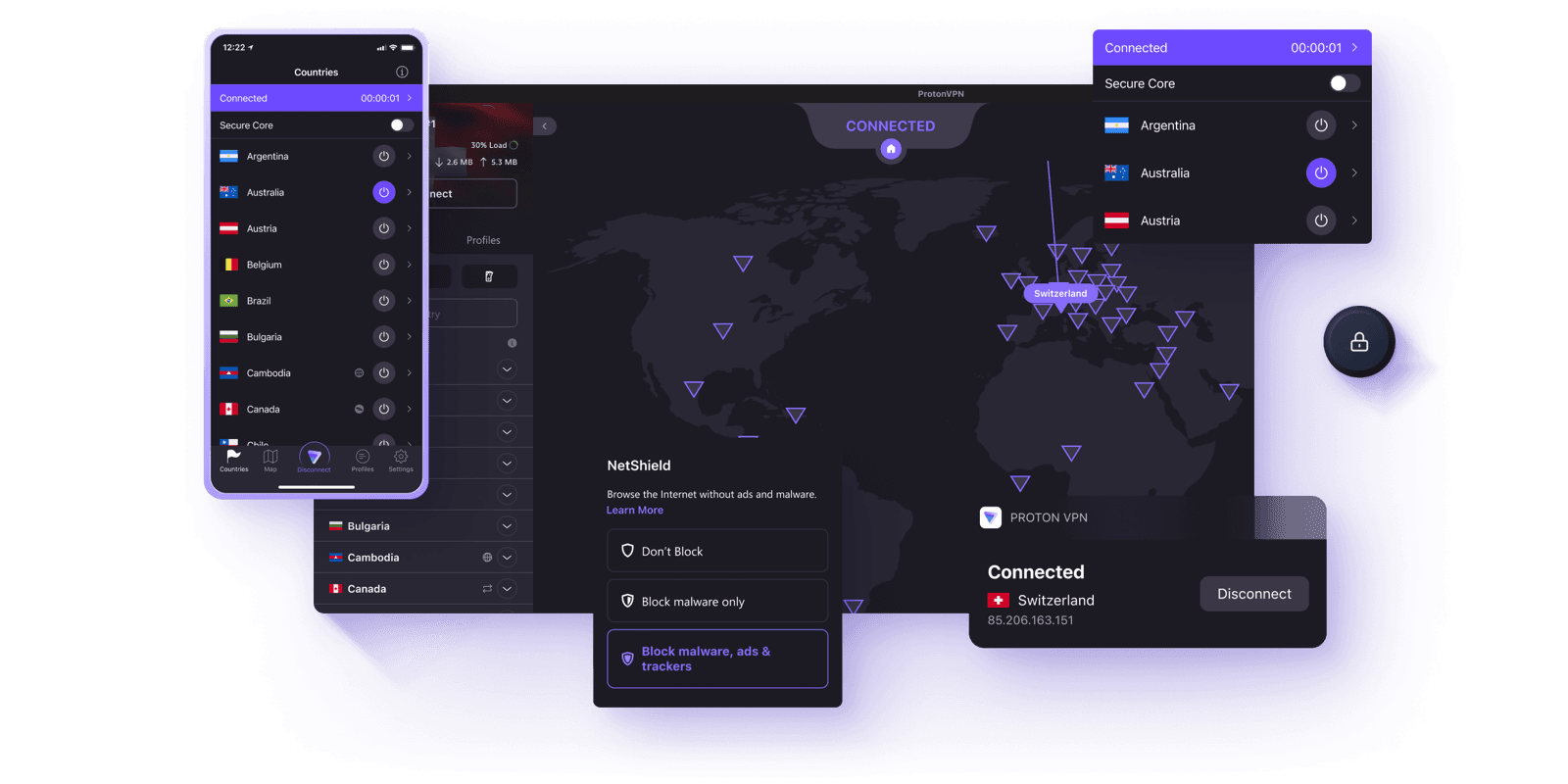 Proton VPN connected on desktop and mobile, with Secure Core and NetShield settings