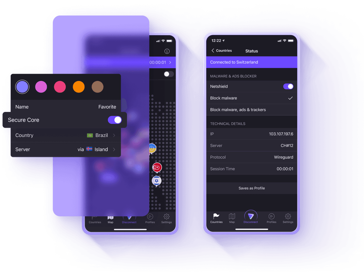 Proton VPN mobile app screens
