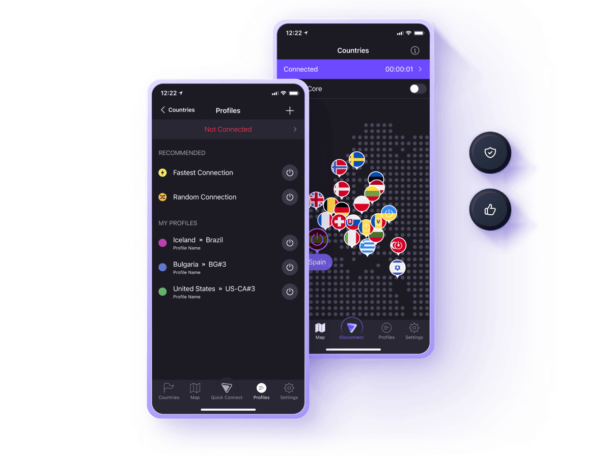 Proton VPN mobile app with saved connection profiles and the server country map